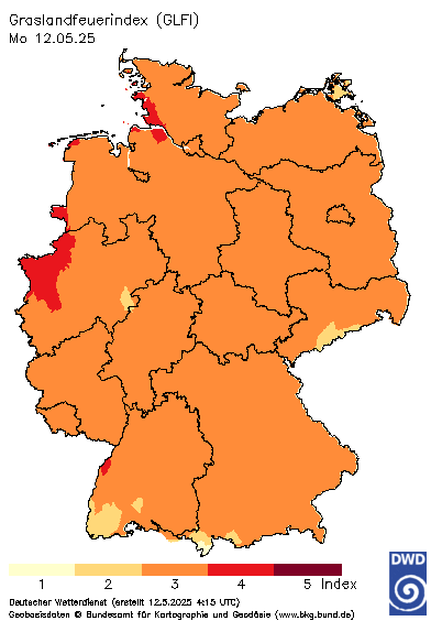 Mit der Warmen Jahreszeit steigt auch die Gefahr von Wald- und Grasland-/Flächenbränden. Zwischen dem 01. März und dem 31. Oktober eines jeden Jahres gibt der Deutsche Wetterdienst täglich aktualisierte Wald- und Graslandbrandgefahrenprognosen für Deutschland heraus. Mit einem Klick auf die Karte kommen Sie zu Weitere Gefahren- und Warnindizes beim DWD. © Deutscher Wetterdienst, Offenbach