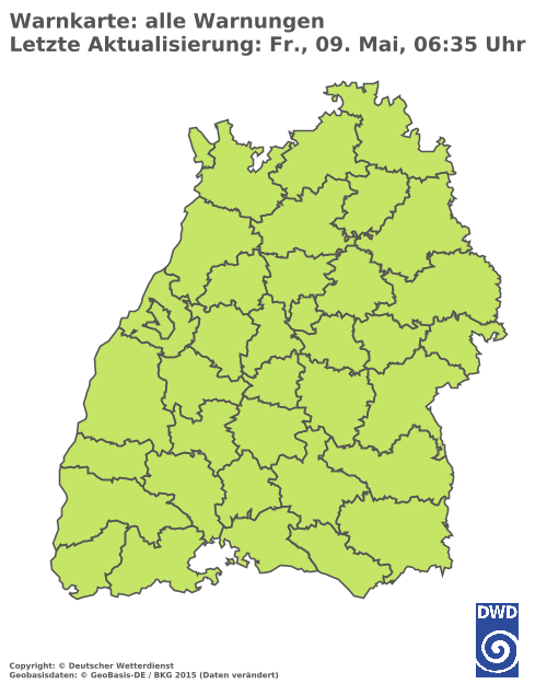 Warnfarben grün=Keine Warnungen gelb=Wetterwarnungen orange=Warnungen vor markantem Wetter rot=Unwetterwarnungen dunkelrot=Warnungen vor extremem Unwetter  schraffiert=Vorabinformation Unwetter(Gewitter incl.Begleiterscheinungen)   Mit einem Klick auf die Karte kommen Sie zur Wetterwarnkarte Baden-Württemberg beim DWD. © Deutscher Wetterdienst, Offenbach