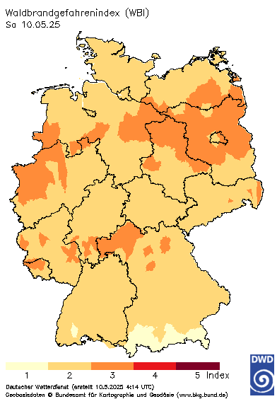 Mit der Warmen Jahreszeit steigt auch die Gefahr von Wald- und Grasland-/Flächenbränden. Zwischen dem 01. März und dem 31. Oktober eines jeden Jahres gibt der Deutsche Wetterdienst täglich aktualisierte Wald- und Graslandbrandgefahrenprognosen für Deutschland heraus. Mit einem Klick auf die Karte kommen Sie zu Weitere Gefahren- und Warnindizes beim DWD .© Deutscher Wetterdienst, Offenbach